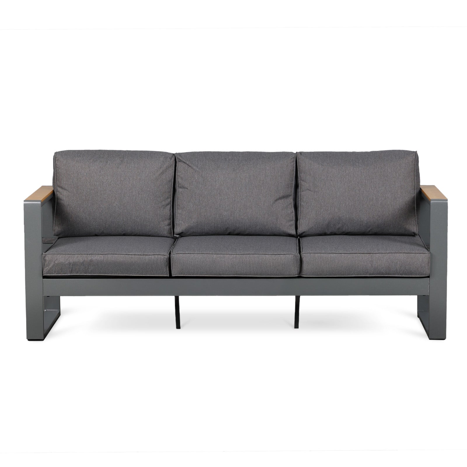 Gray sofa with wooden armrests on a white background
